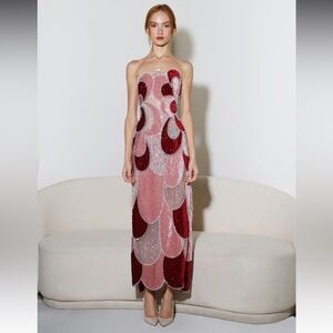 Elegant Strapless Pink and Red Evening Gown